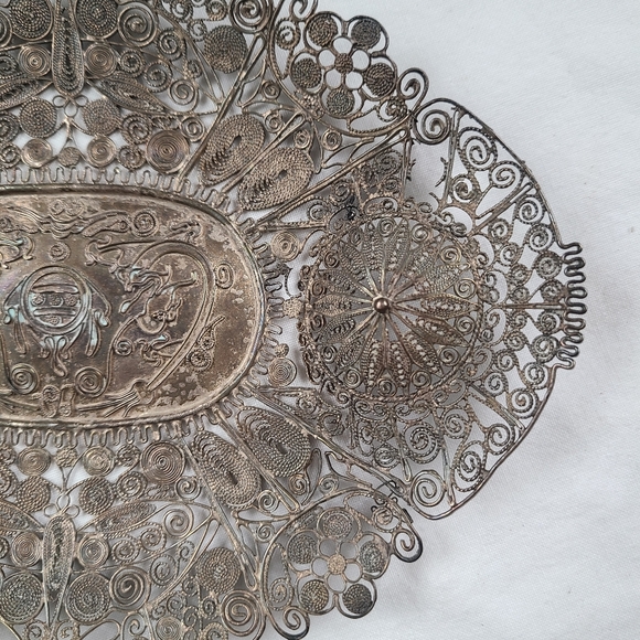Antique silver filigree tray dish Asian design beautiful wall art wall hanging - Picture 7 of 16